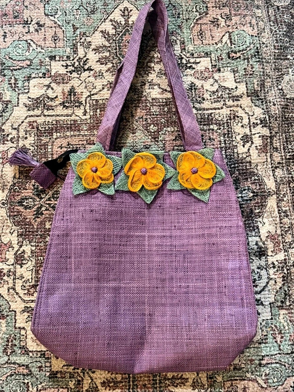 Vintage Purple Sinamay Straw Tote Bag Yellow Floral Accent Zippered Tassel Pull